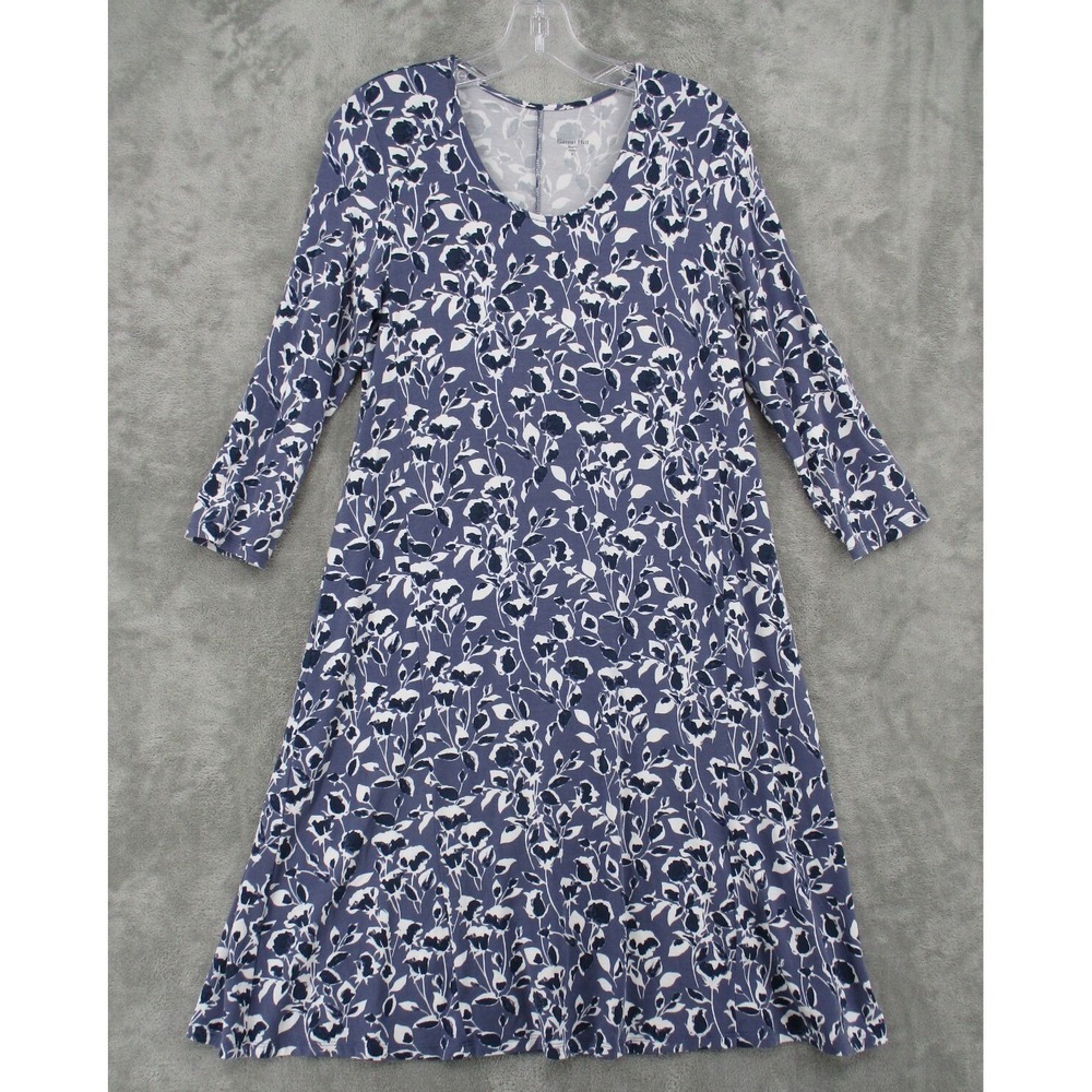 Garnet Hill Dress Small Stretch Knit Floral Trapeze Stretch Comfort Casual Blue